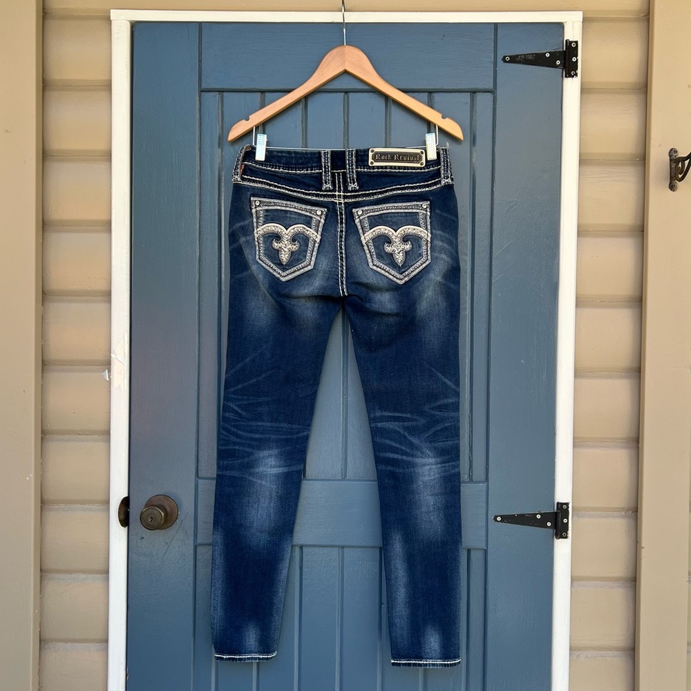 Rock Revival Dark Blue Skinny Jeans with Embroidered Pockets Women size 27